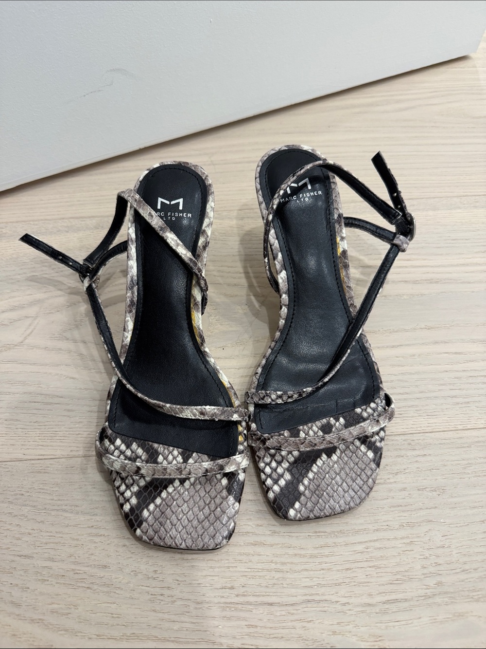 Marc Fisher Snake-Print Strappy Sandal in Taupe and Black